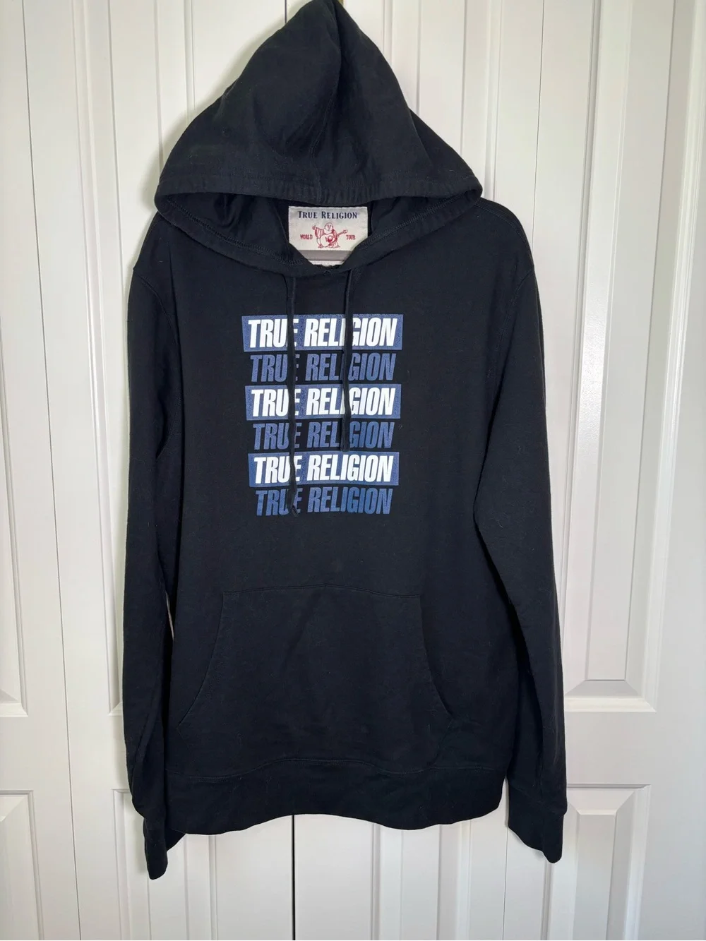 True Religion Men’s Slanted Repeat Logo Pullover Hoodie Black Size XXL (See PtP)